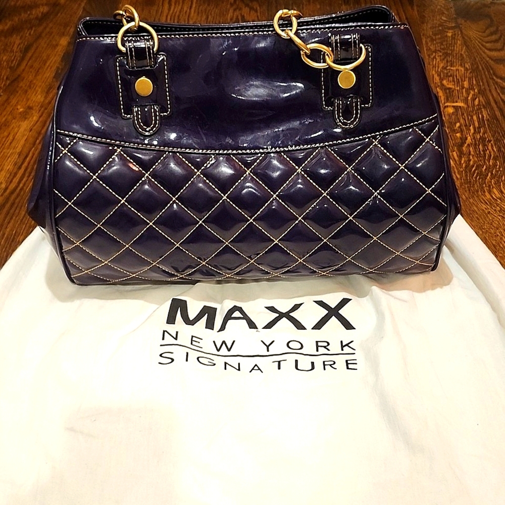Brand New with Tags- Maxx New York Italian Egglant Patent, Quilted Tote